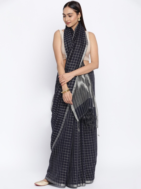 

Fabindia Black & Silver Checked Woven Design Zari Saree