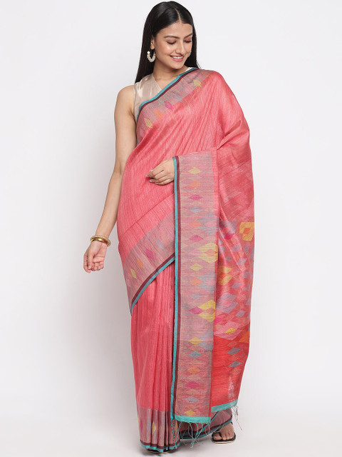 

Fabindia Pink & Yellow Silk Blend Jamdani Saree