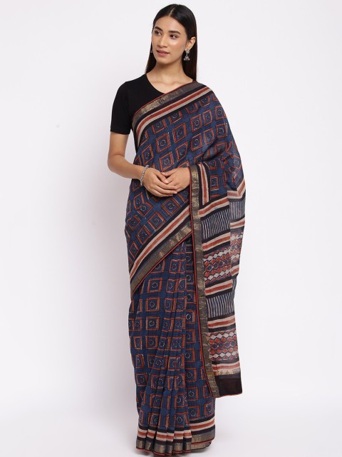 

Fabindia Navy Blue & Red Printed Dabu Saree