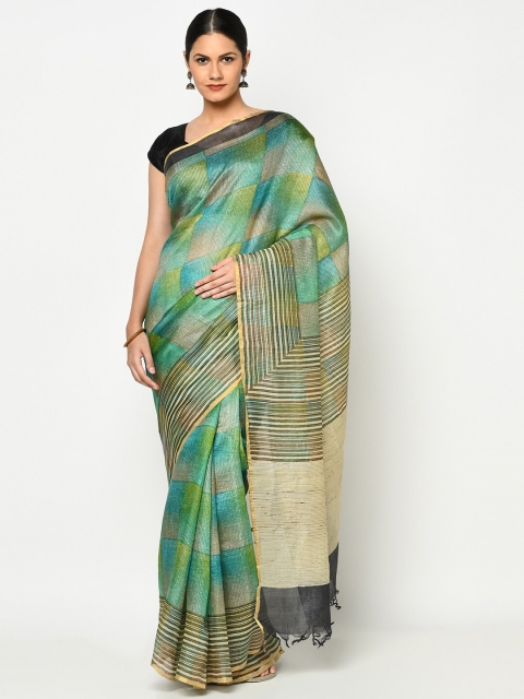 

Fabindia Green & Grey Geometric Block Printed Pure Silk Saree