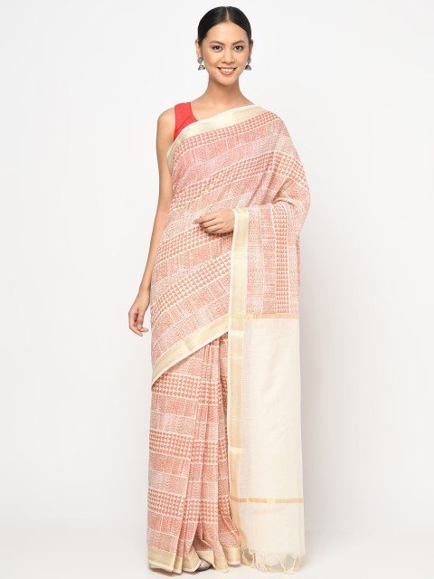 

Fabindia Beige & Red Geometric Printed Pure Cotton Saree