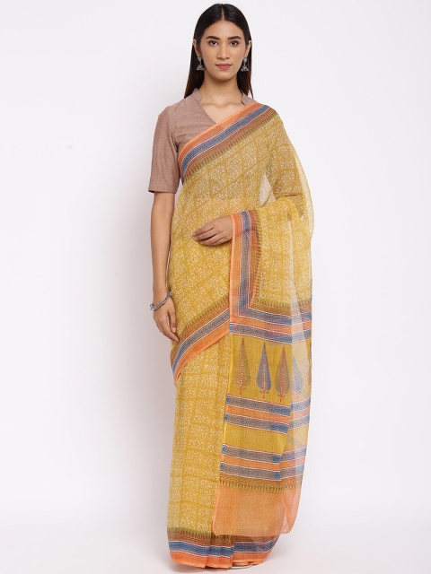 

Fabindia Yellow & Blue Floral Block Print Saree