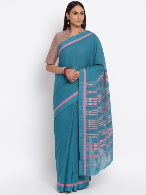 

Fabindia Teal & Pink Woven Design Pure Cotton Saree
