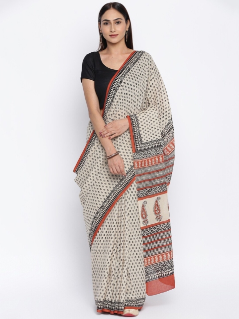 

Fabindia Off White & Red Ethnic Motifs Pure Cotton Block Print Saree