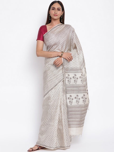 

Fabindia Grey & Off White Floral Pure Silk Block Print Saree