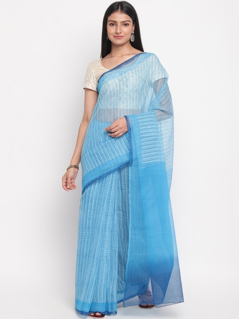 

Fabindia Blue & White Floral Block Print Saree