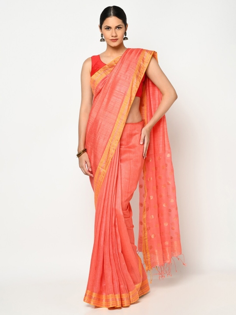 

Fabindia Pink & Gold-Toned Silk Blend Matka Woven Jamdani Gol Buta Jamdani Saree