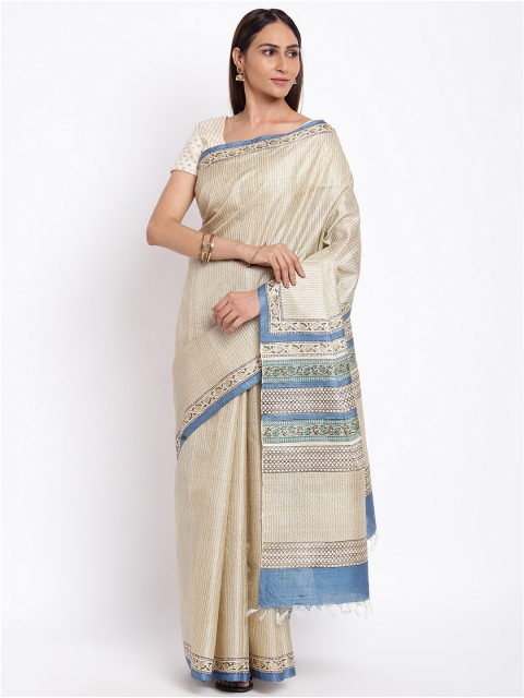 

Fabindia Beige & Blue Chevron Printed Zari Tussar Silk Block Print Saree