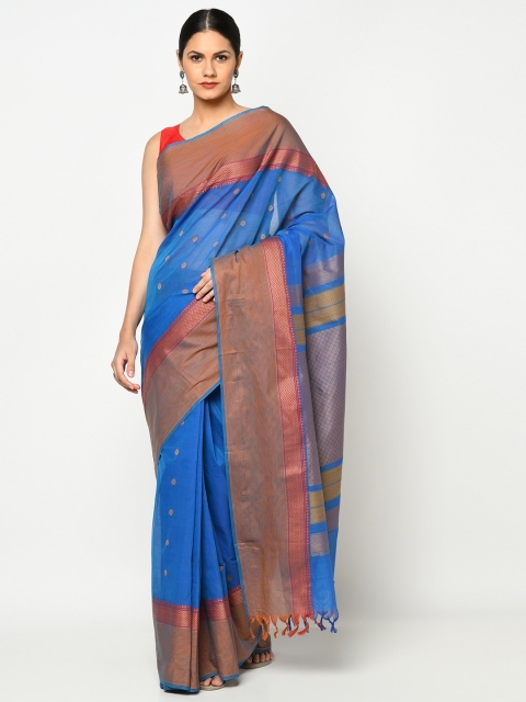 

Fabindia Blue & Red Woven Design Zari Pure Cotton Saree