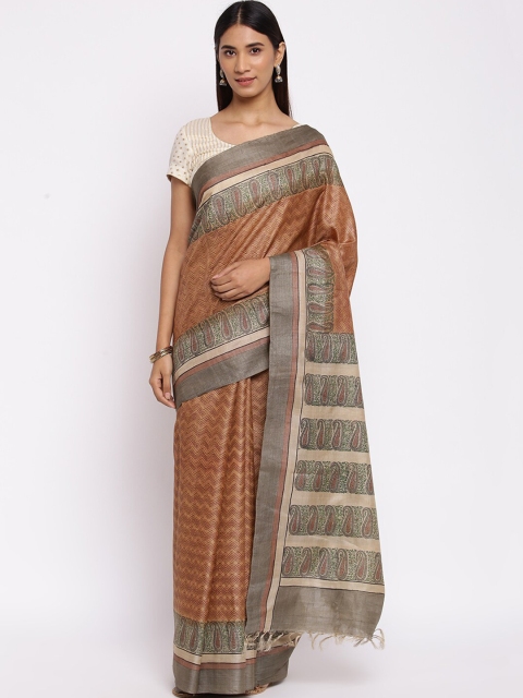 

Fabindia Brown & Red Woven Design Tussar Silk Saree