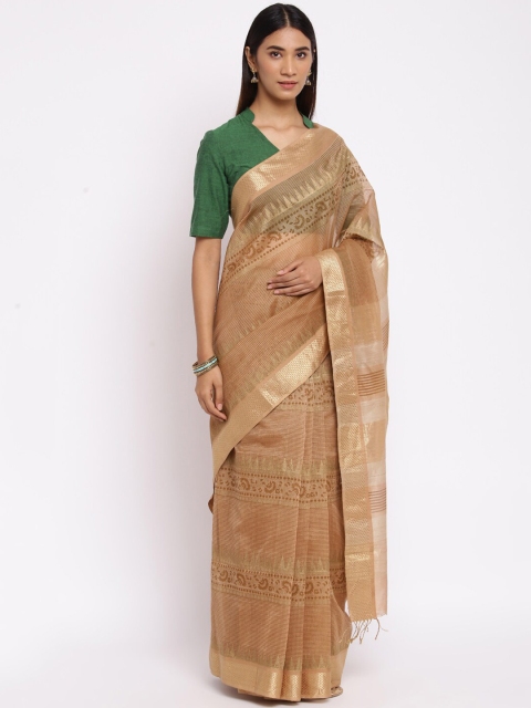 

Fabindia Beige & Gold-Toned Woven Design Zari Block Print Saree
