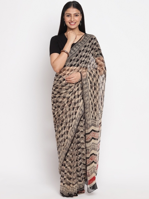 

Fabindia Black & Cream-Coloured Ethnic Motifs Pure Chiffon Bagru Saree