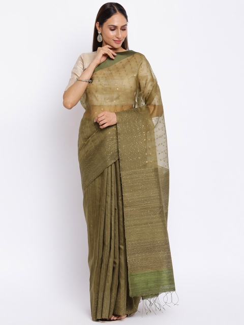 

Fabindia Green & Gold-Toned Woven Design Zari Pure Silk Jamdani Saree