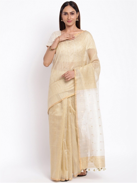 

Fabindia Beige & Gold-Toned Striped Pure Silk Jamdani Saree