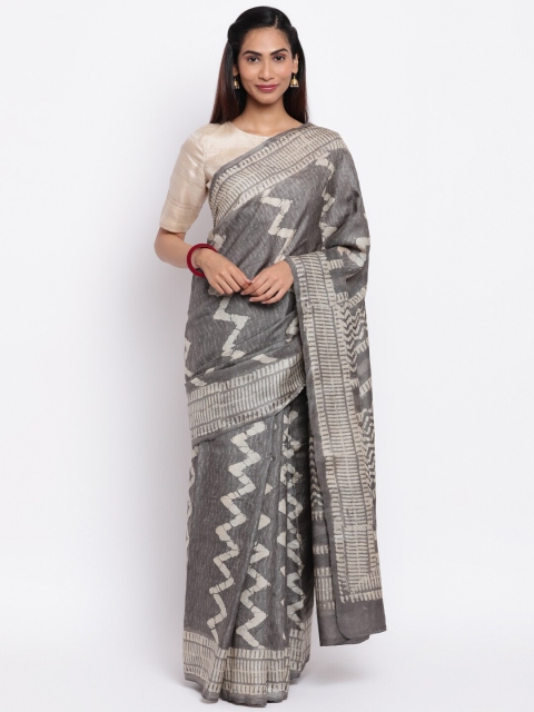 

Fabindia Grey & Cream-Coloured Pure Silk Dabu Saree