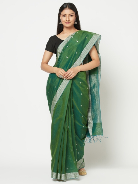 

Fabindia Green & Silver-Toned Floral Chanderi Saree