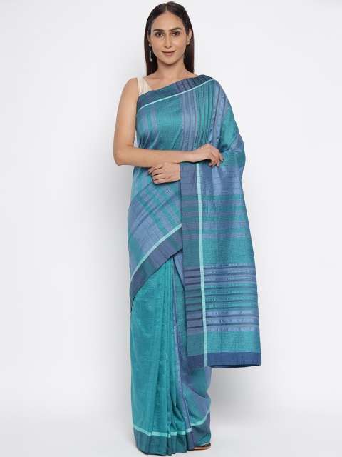 

Fabindia Teal Blue & Green Colourblocked Pure Silk Saree