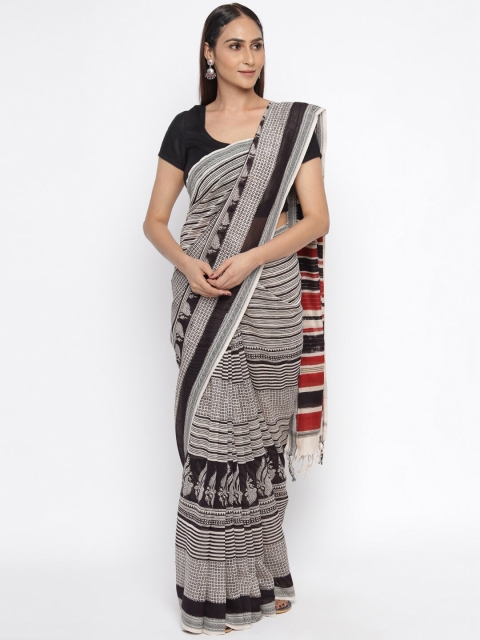 

Fabindia Black & White Geometric Bagh Printed Saree