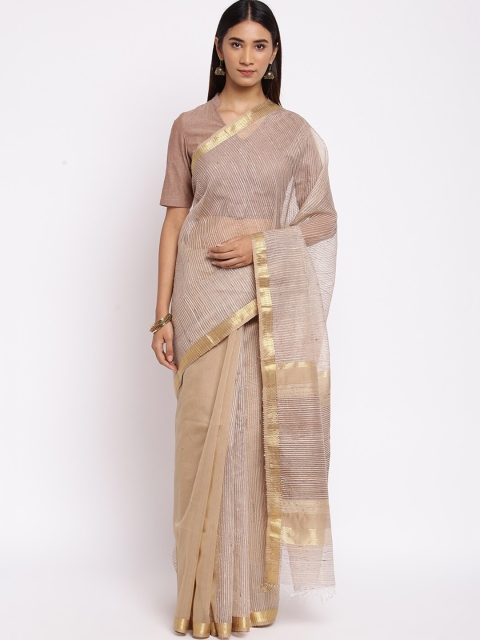 

Fabindia Beige & Gold-Toned Striped Zari Maheshwari Saree