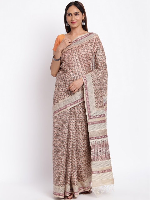 

Fabindia Maroon & Cream-Coloured Block Print Pure Silk Saree