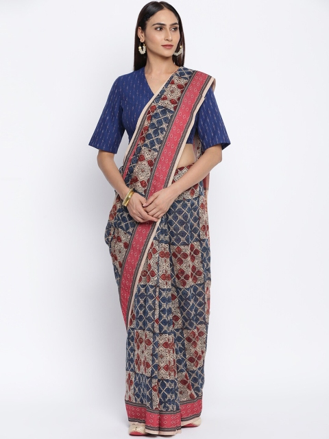 

Fabindia Beige & Blue Ethnic Motifs Maheshwari Saree