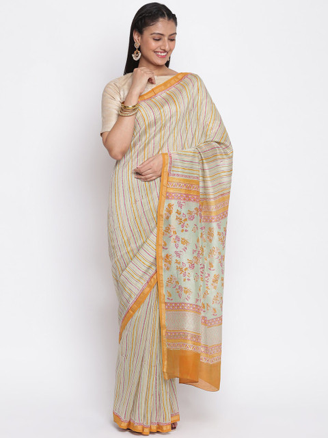 

Fabindia Green & Mustard Yellow Striped Block Print Saree