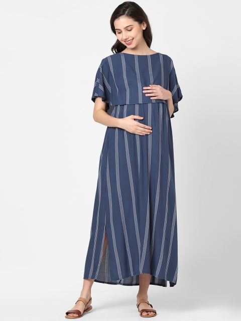 

Mystere Paris Navy Blue Striped Maternity A-Line Maxi Dress