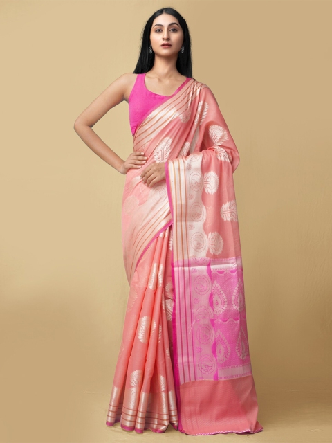

Unnati Silks Pink & Beige Woven Design Zari Brocade Banarasi Silk Cotton Saree