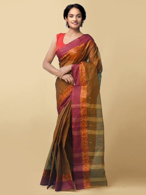 

Unnati Silks Women Brown & Pink Pure Handloom Tant Bengal Cotton Sustainable Saree