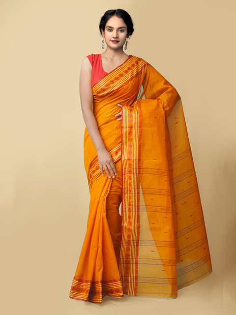

Unnati Silks Women Orange & Red Pure Handloom Tant Bengal Cotton Sustainable Saree