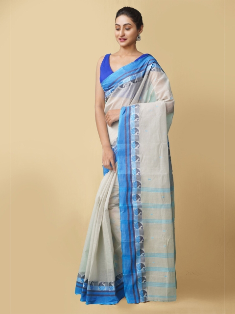 

Unnati Silks Women Grey & Blue Pure Handloom Tant Bengal Cotton Sustainable Saree