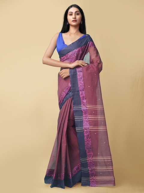 

Unnati Silks Women Maroon & Burgundy Pure Handloom Tant Bengal Cotton Sustainable Saree