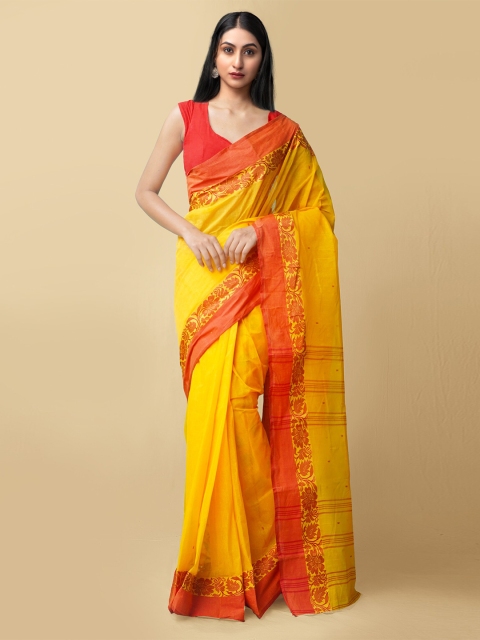 

Unnati Silks Women Yellow & Red Pure Handloom Tant Bengal Cotton Sustainable Saree