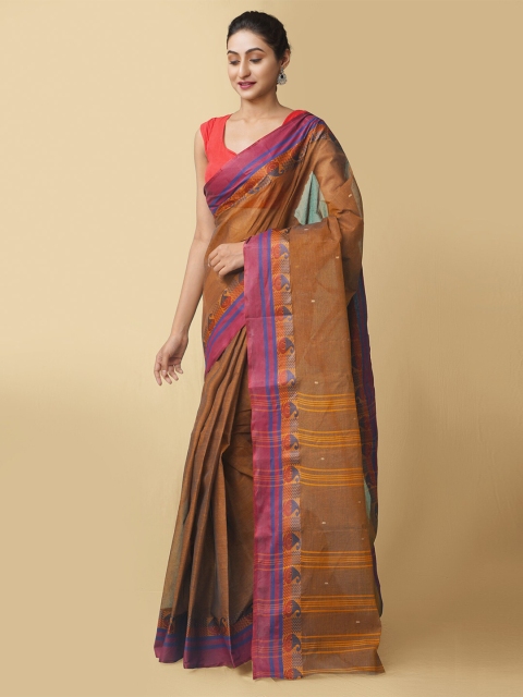 

Unnati Silks Women Brown & Pink Pure Handloom Tant Bengal Cotton Sustainable Saree