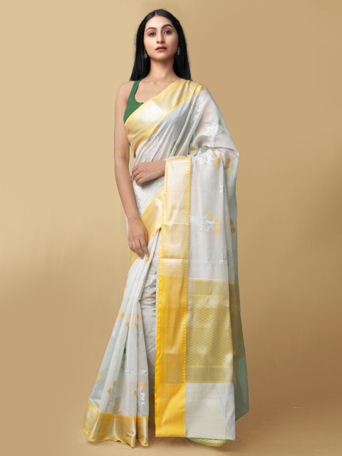 

Unnati Silks Women Cream-Coloured & Yellow Pure Brocade Banarasi Sico Saree