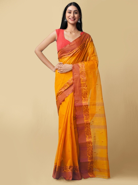 

Unnati Silks Women Orange & Yellow Pure Handloom Tant Bengal Cotton Sustainable Saree
