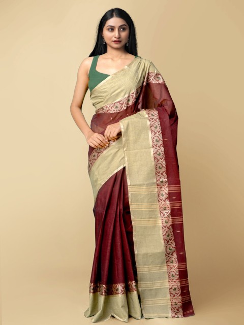 

Unnati Silks Women Maroon & Beige Pure Handloom Tant Bengal Cotton Sustainable Saree