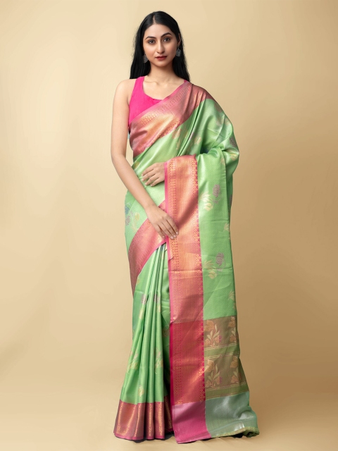 

Unnati Silks Green & Pink Floral Zari Brocade Banarasi Silk Cotton Saree