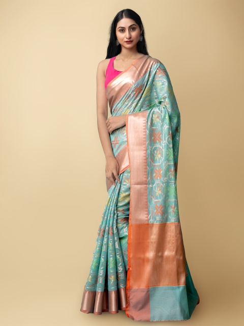 

Unnati Silks Green & Orange Jamdhani Zari Silk Cotton Banarasi Saree