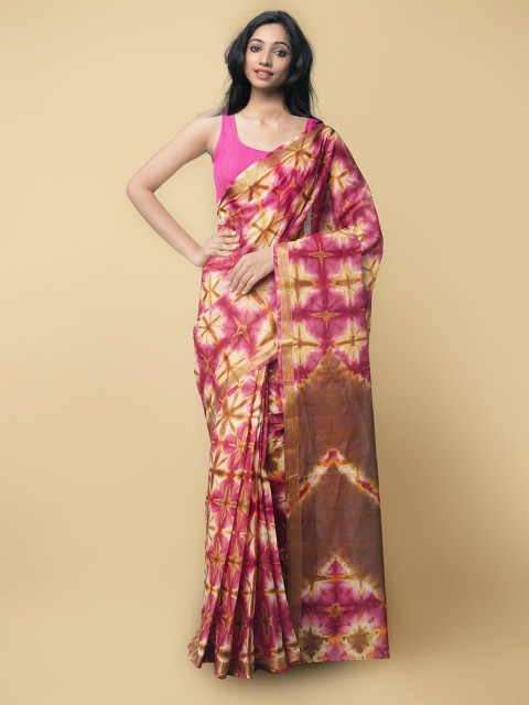 

Unnati Silks Magenta & Brown Leheriya Pure Shibori Cotton Leheriya Saree