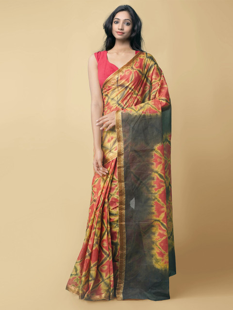 

Unnati Silks Rust & Yellow Tie and Dye Pure Cotton Shibori Saree