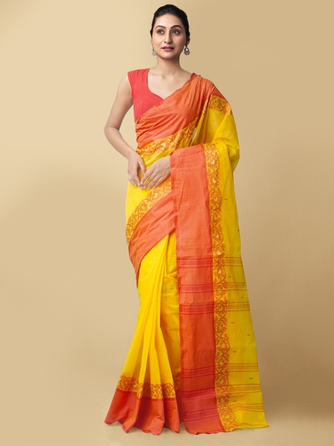 

Unnati Silks Women Yellow & Red Pure Handloom Tant Bengal Cotton Sustainable Saree