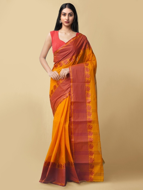 

Unnati Silks Women Orange & Red Pure Handloom Tant Bengal Cotton Sustainable Saree