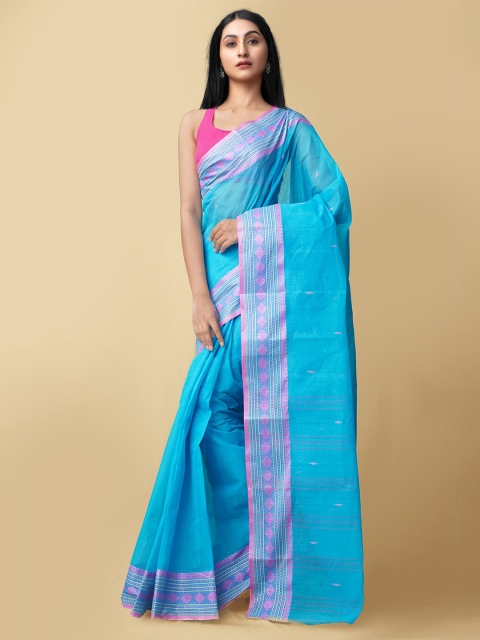 

Unnati Silks Women Blue & Pink Pure Handloom Tant Bengal Cotton Sustainable Saree