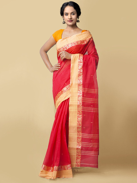 

Unnati Silks Women Red & Beige Pure Handloom Tant Bengal Cotton Sustainable Saree