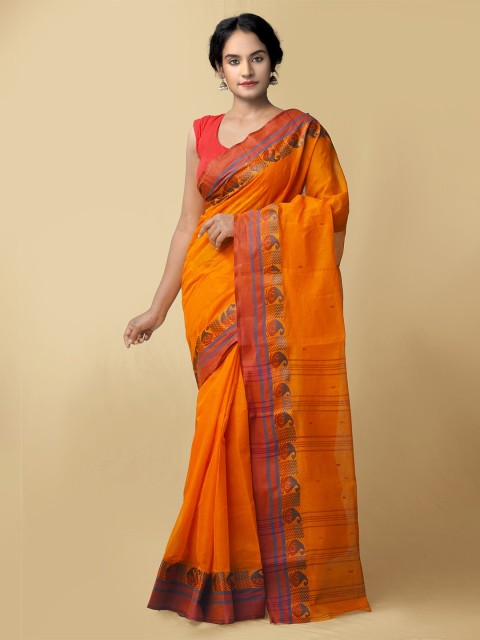 

Unnati Silks Women Orange & Grey Pure Handloom Tant Bengal Cotton Saree