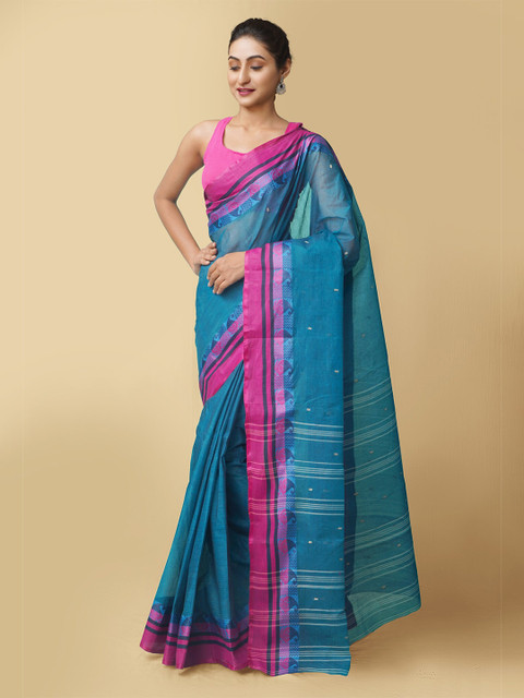 

Unnati Silks Blue & Pink Woven Design Pure Cotton Taant Saree