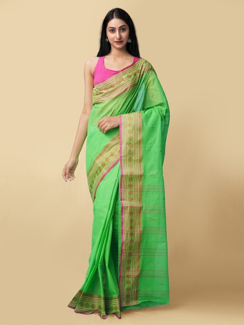 

Unnati Silks Women Green & Magenta Pure Handloom Tant Bengal Cotton Saree