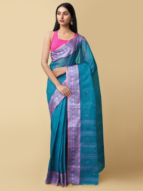 

Unnati Silks Women Turquoise Blue & Pink Pure Handloom Tant Bengal Cotton Sustainable Saree