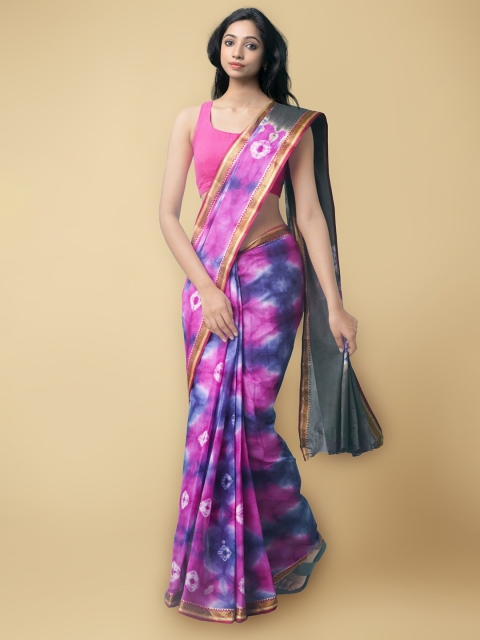 

Unnati Silks Women Pink & Blue Pure Shibori Cotton Sustainable Saree